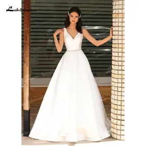 NumberSea 2024 A-Line Soft Satin Wedding Dresses Beaded Sashes V-Neck Simple Sleeveless Backless Floor-Length Bridal Gown Off The Shoulder