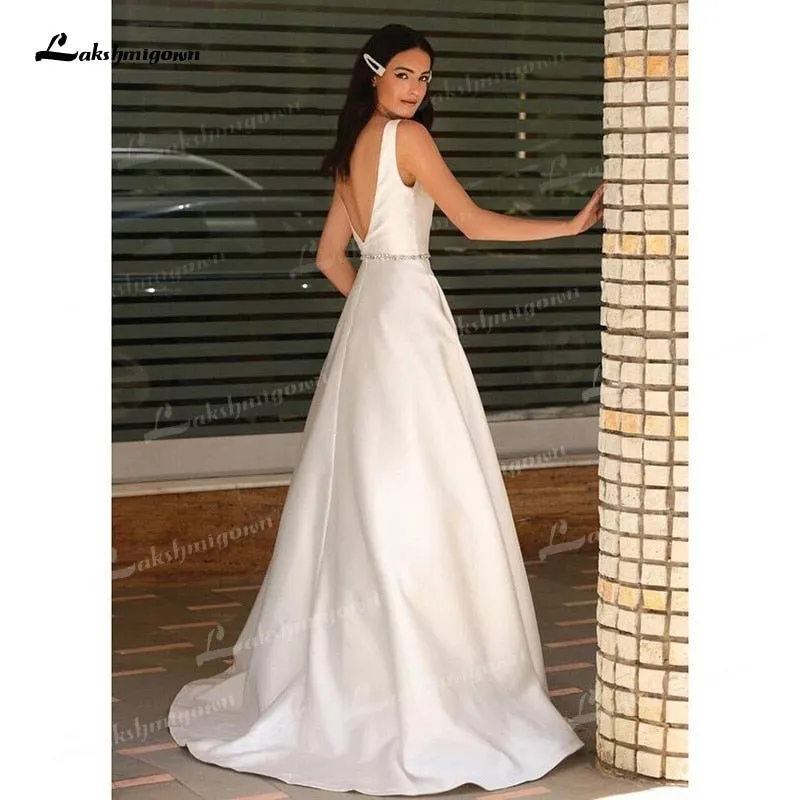 NumberSea 2024 A-Line Soft Satin Wedding Dresses Beaded Sashes V-Neck Simple Sleeveless Backless Floor-Length Bridal Gown Off The Shoulder