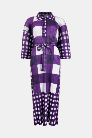 Plaid Accordion Pleated Tie Waist Collared Dress