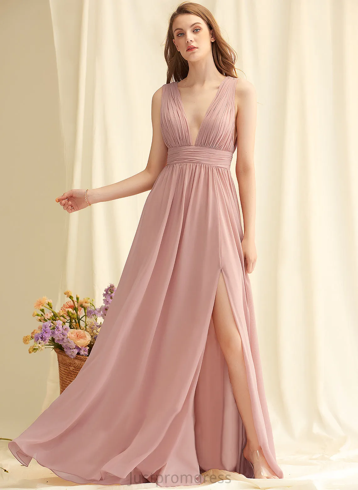 Pleated Fabric Silhouette Neckline A-Line Length Embellishment Floor-Length V-neck Elvira V-Neck A-Line/Princess Bridesmaid Dresses