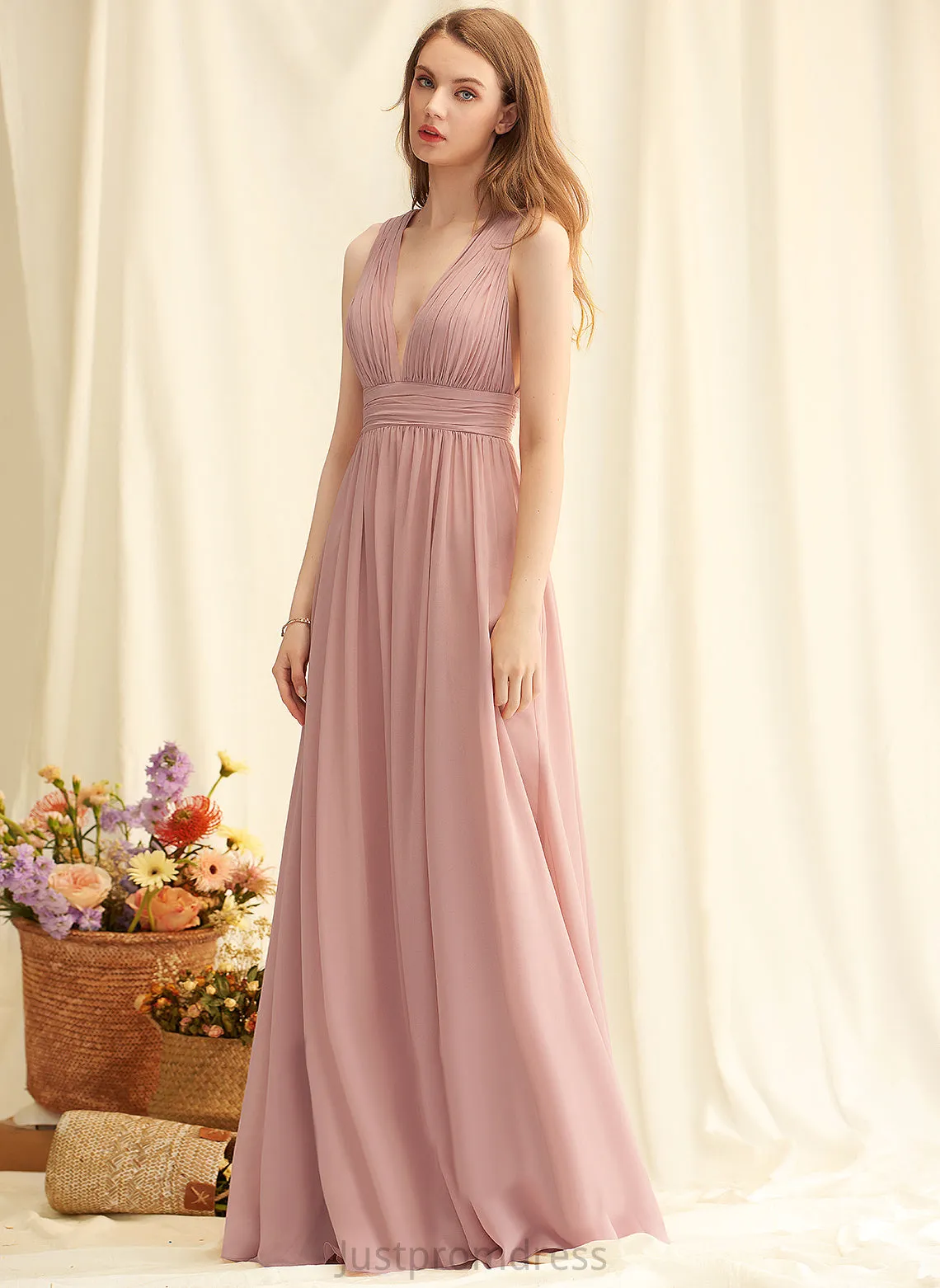 Pleated Fabric Silhouette Neckline A-Line Length Embellishment Floor-Length V-neck Elvira V-Neck A-Line/Princess Bridesmaid Dresses