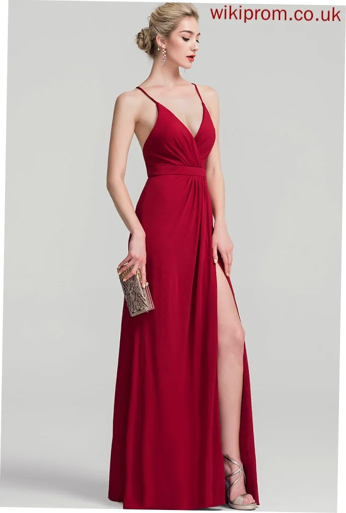Pleated Floor-Length Jersey Alivia Prom Dresses V-neck With Sheath/Column
