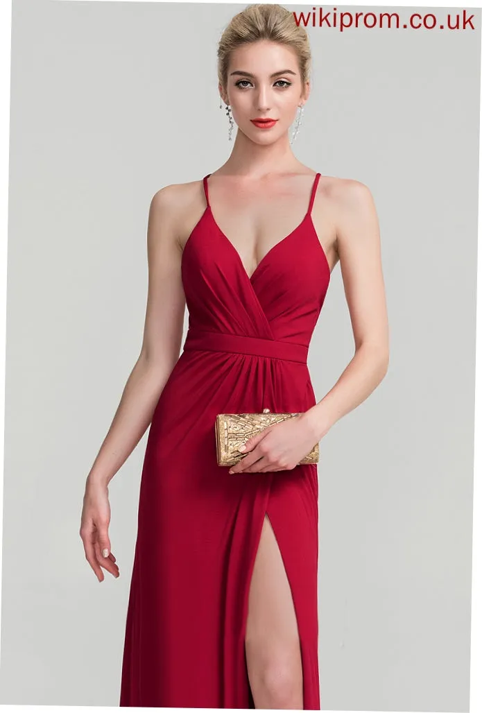 Pleated Floor-Length Jersey Alivia Prom Dresses V-neck With Sheath/Column