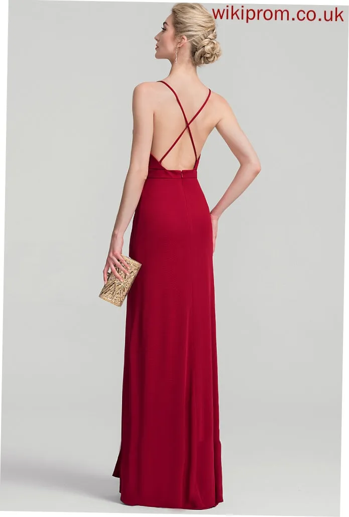 Pleated Floor-Length Jersey Alivia Prom Dresses V-neck With Sheath/Column