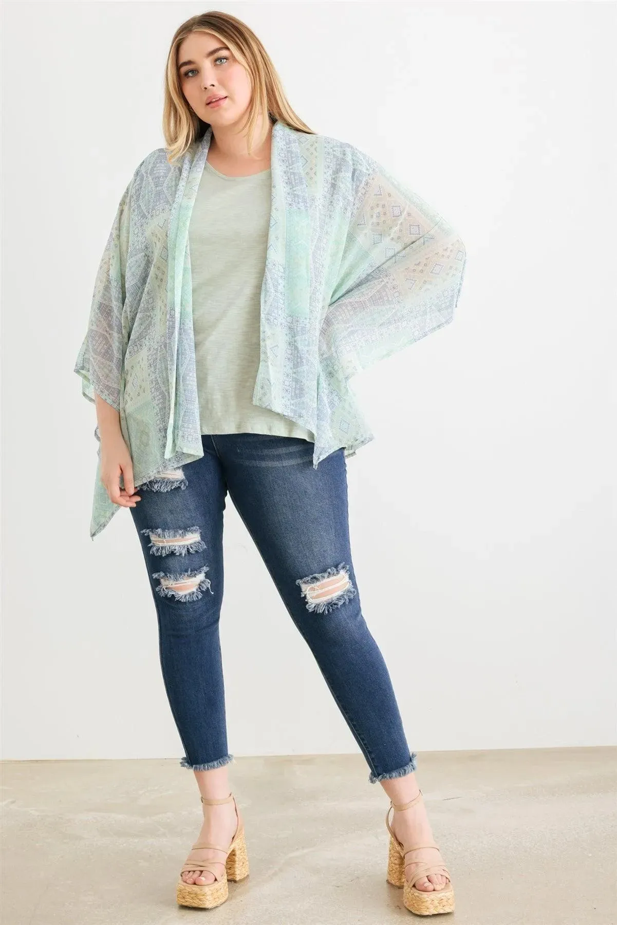 Plus Size Boho Western Tribal Print Chiffon Kimono Cover Up