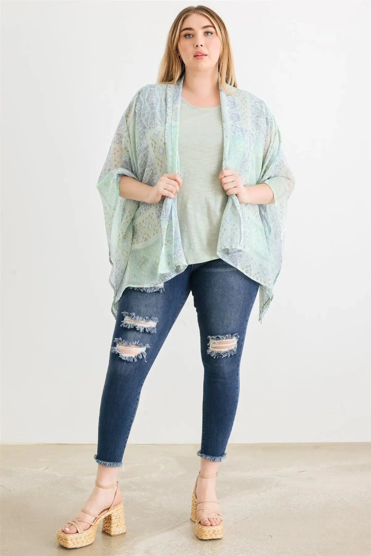 Plus Size Boho Western Tribal Print Chiffon Kimono Cover Up