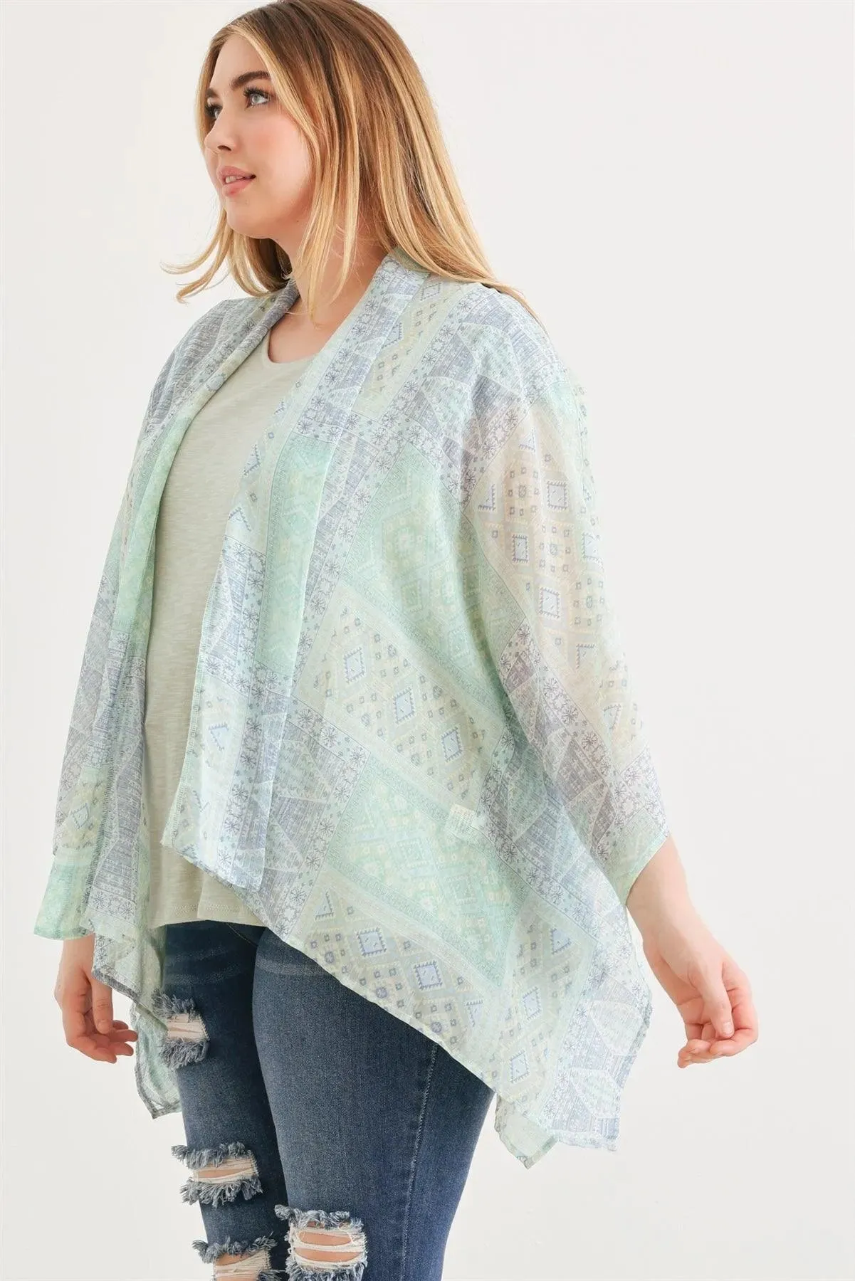 Plus Size Boho Western Tribal Print Chiffon Kimono Cover Up