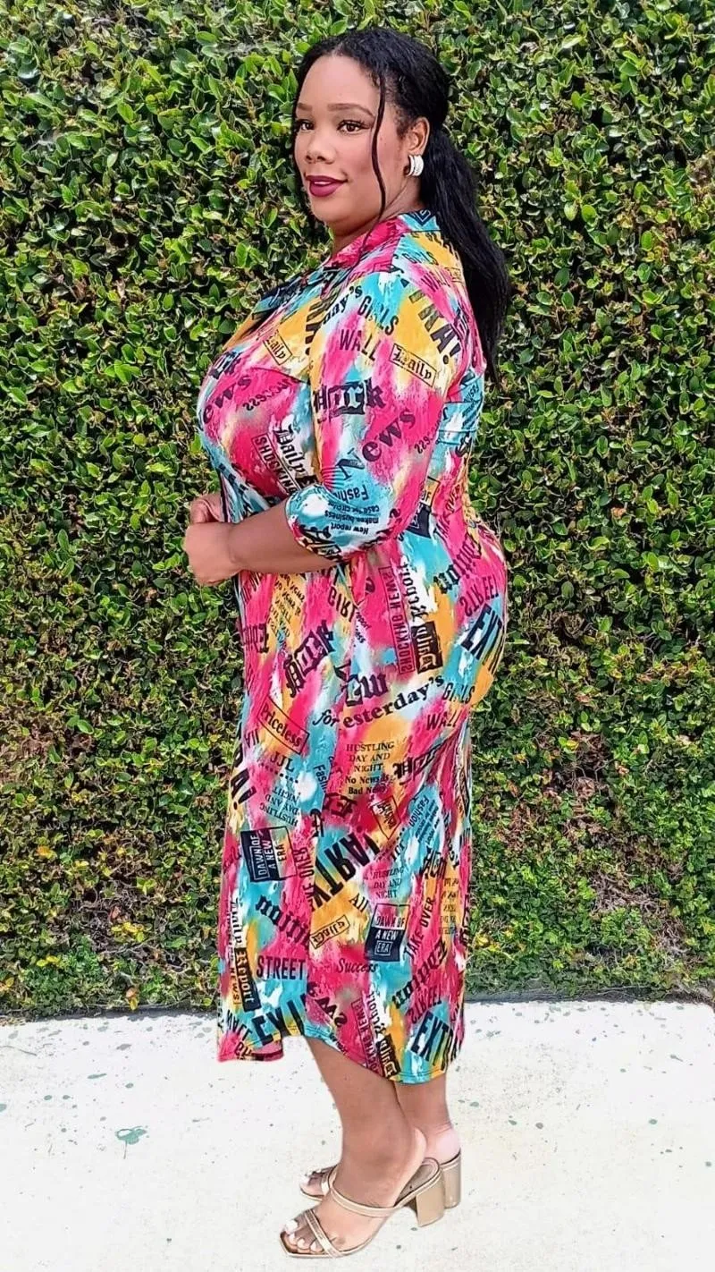Plus Size Multi Print Button Down Ankle Dress With Collar and Pockets