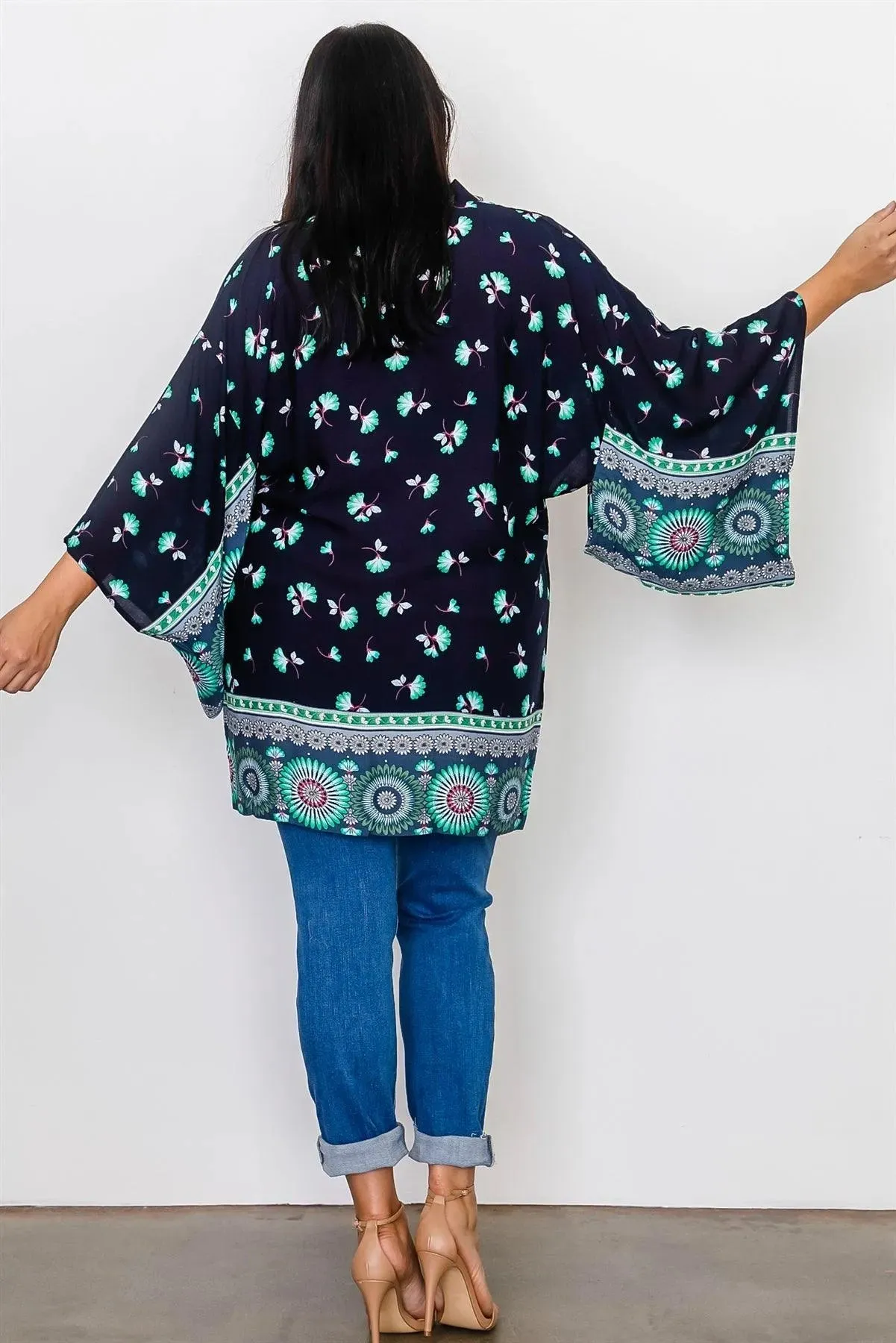 Plus Size Navy Mix Print Open Front Kimono /2-2-2