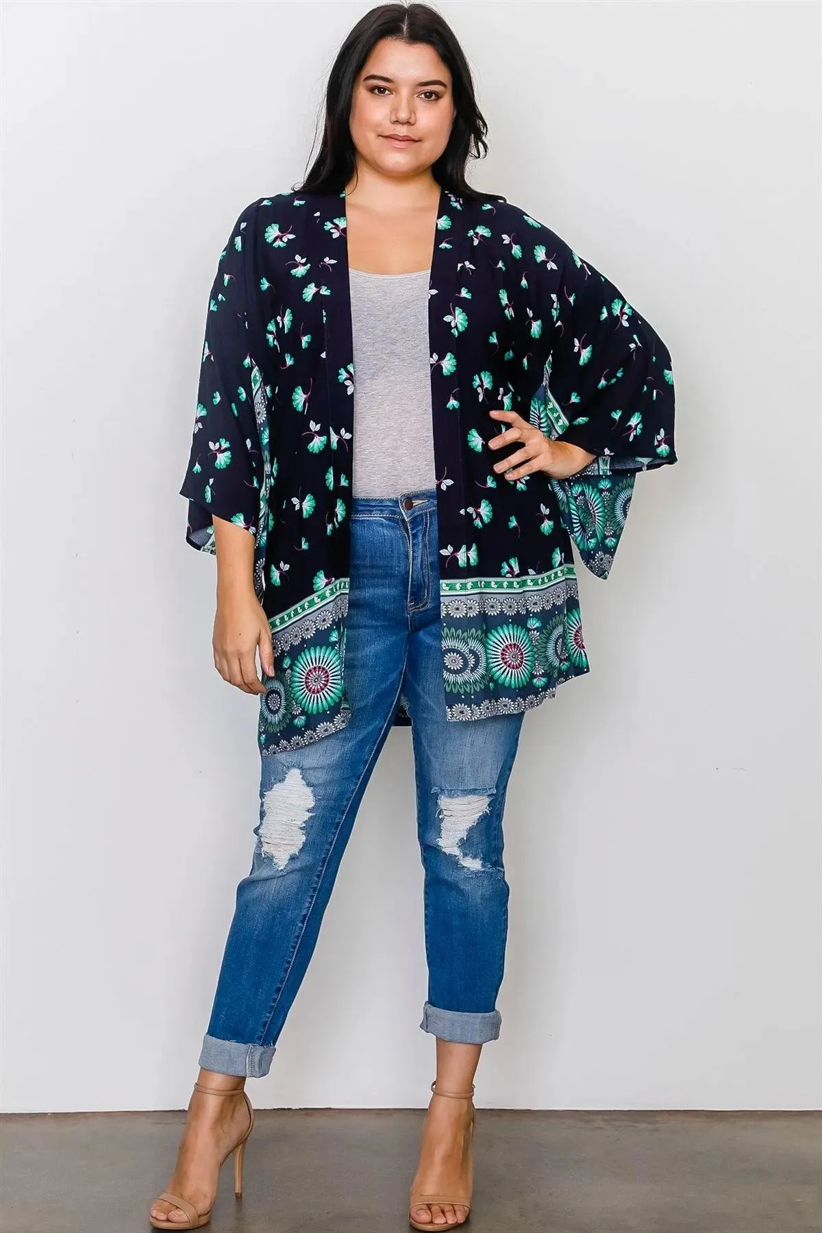 Plus Size Navy Mix Print Open Front Kimono /2-2-2