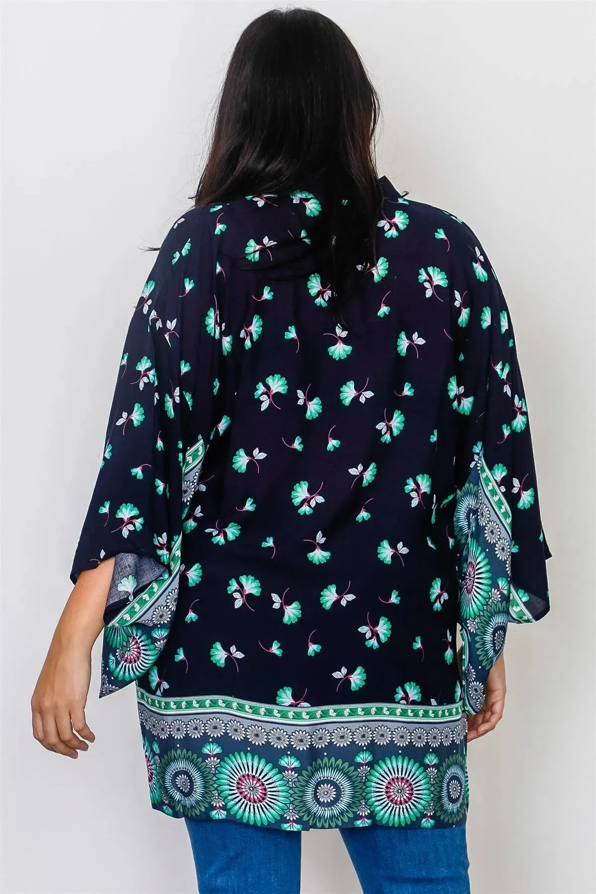 Plus Size Navy Mix Print Open Front Kimono /2-2-2