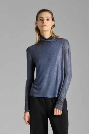 RIBBED MICROMODAL HIGH NECK LONG SLEEVES T-SHIRT WITH SILVER DUST EFFECT