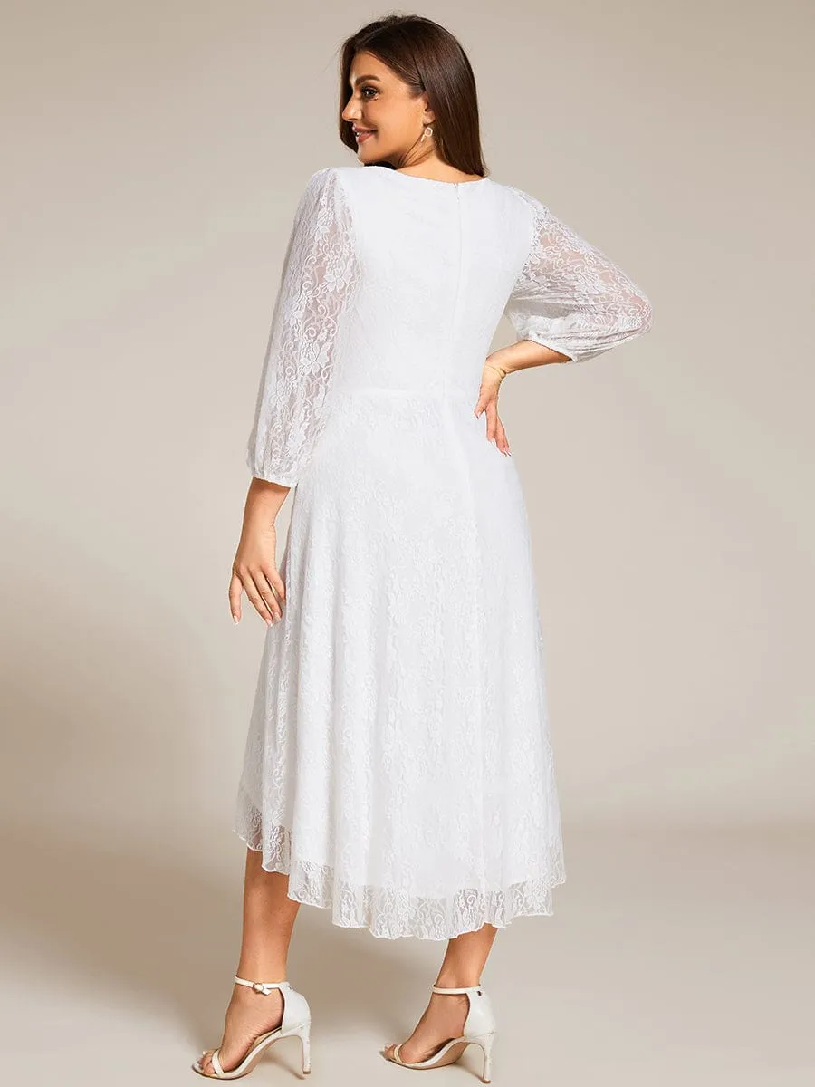 Romantic Long Sleeve High-Low Lace Wedding Guest Dress with Ruffle Details