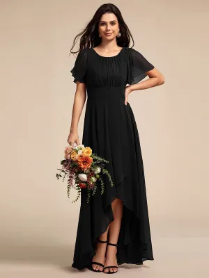 Round Neck Short Sleeve High-Low Chiffon Dress in Black