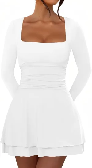 Short Dress for Women Long Sleeve Ruched Waist Square Neck Mini Corset Party Dresses