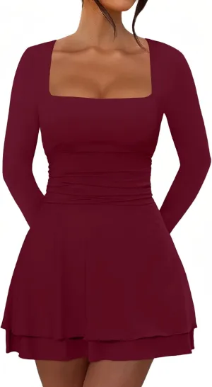 Short Dress for Women Long Sleeve Ruched Waist Square Neck Mini Corset Party Dresses