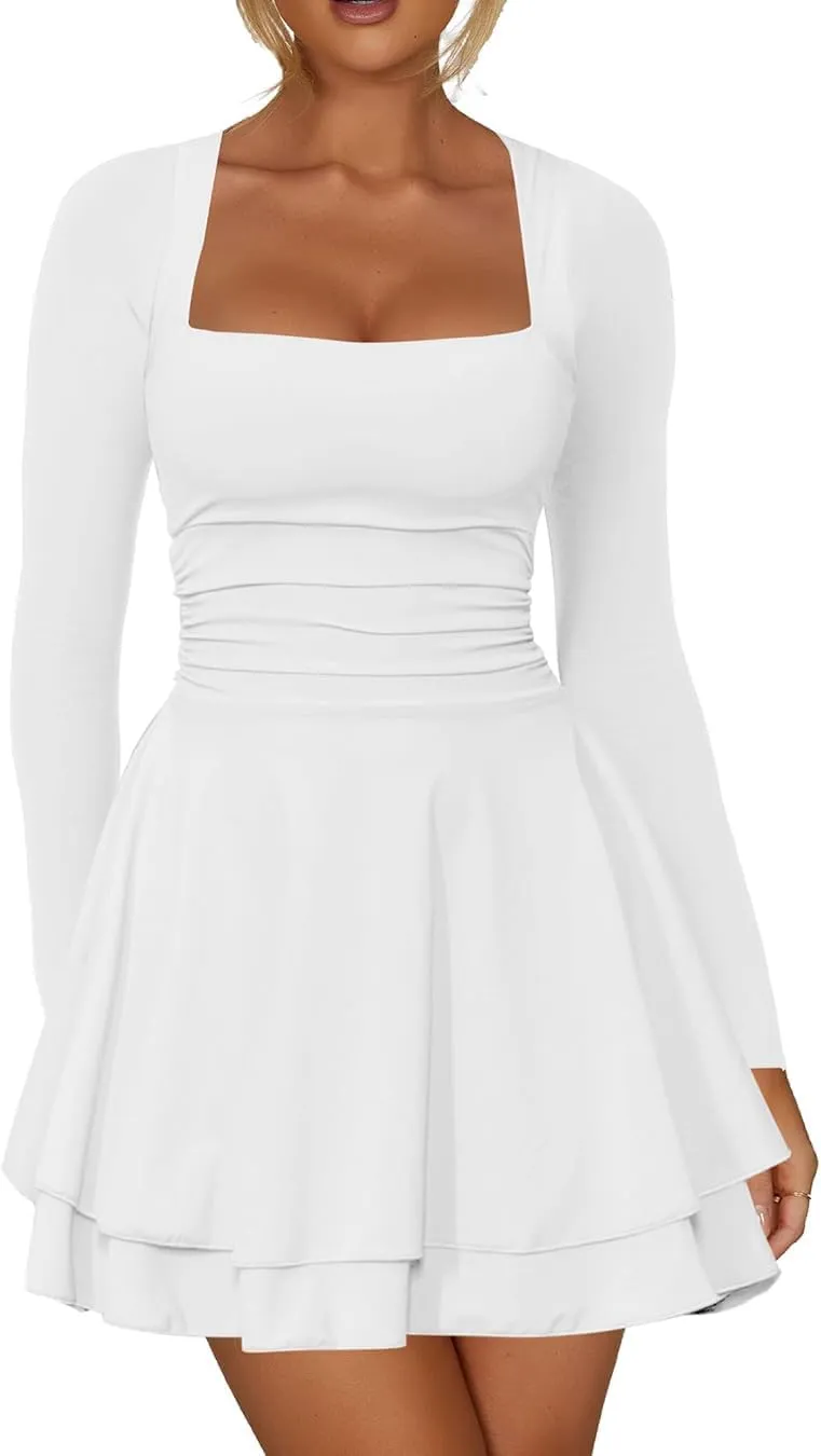 Short Dress for Women Long Sleeve Ruched Waist Square Neck Mini Corset Party Dresses