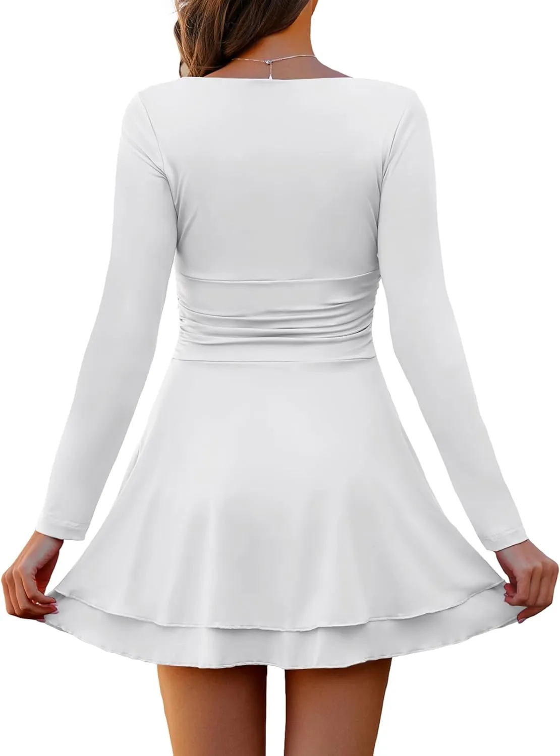 Short Dress for Women Long Sleeve Ruched Waist Square Neck Mini Corset Party Dresses