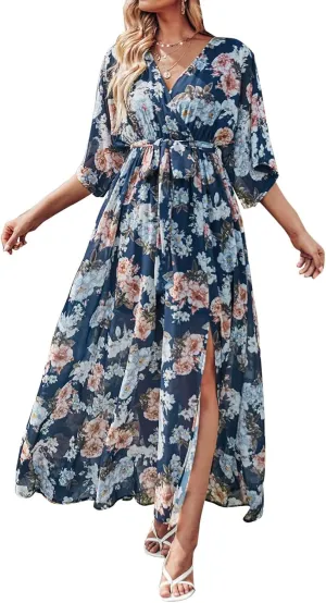 Short Sleeve Maxi Dress for Women Summer Boho Floral Dress Elegant Flowy Ruffle Dress with Slit Holiday Party Dress