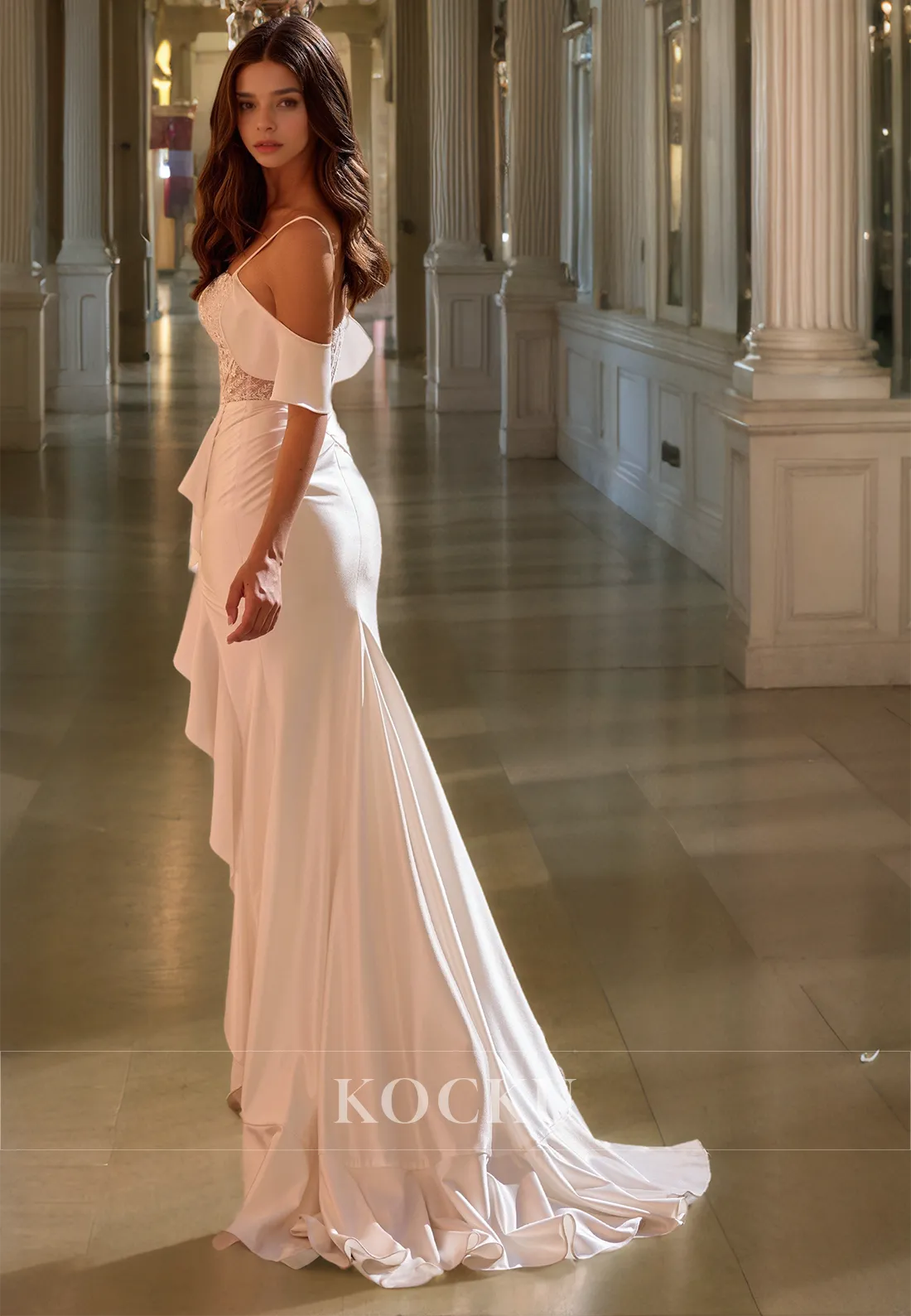 Spaghetti Straps Sheath Sleeveless Stripe Appliques Pleats Lace Prom Dress Evening Dress with Slit