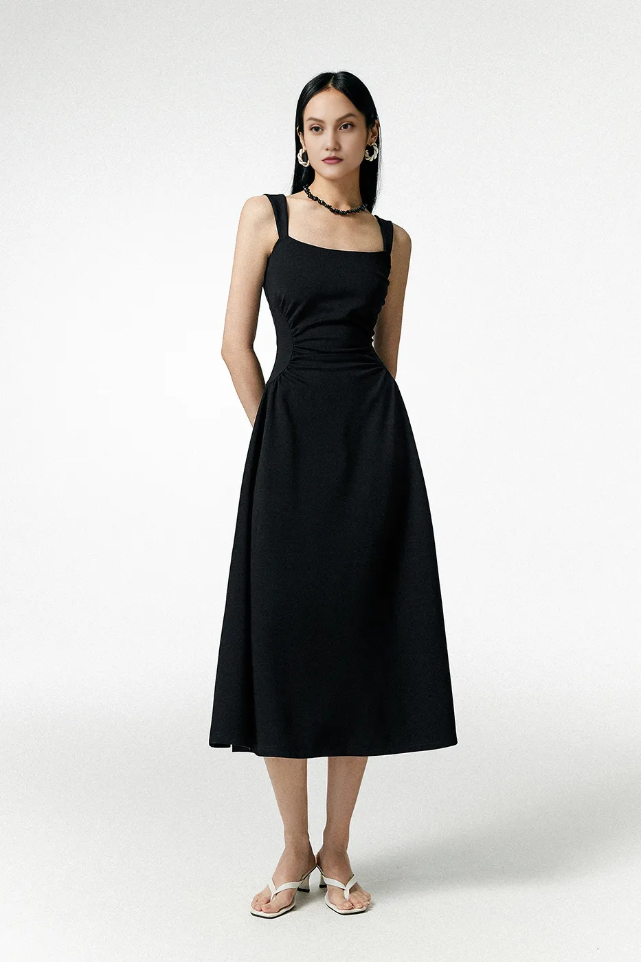 Square Neck Midi Dress with Pleated Waist