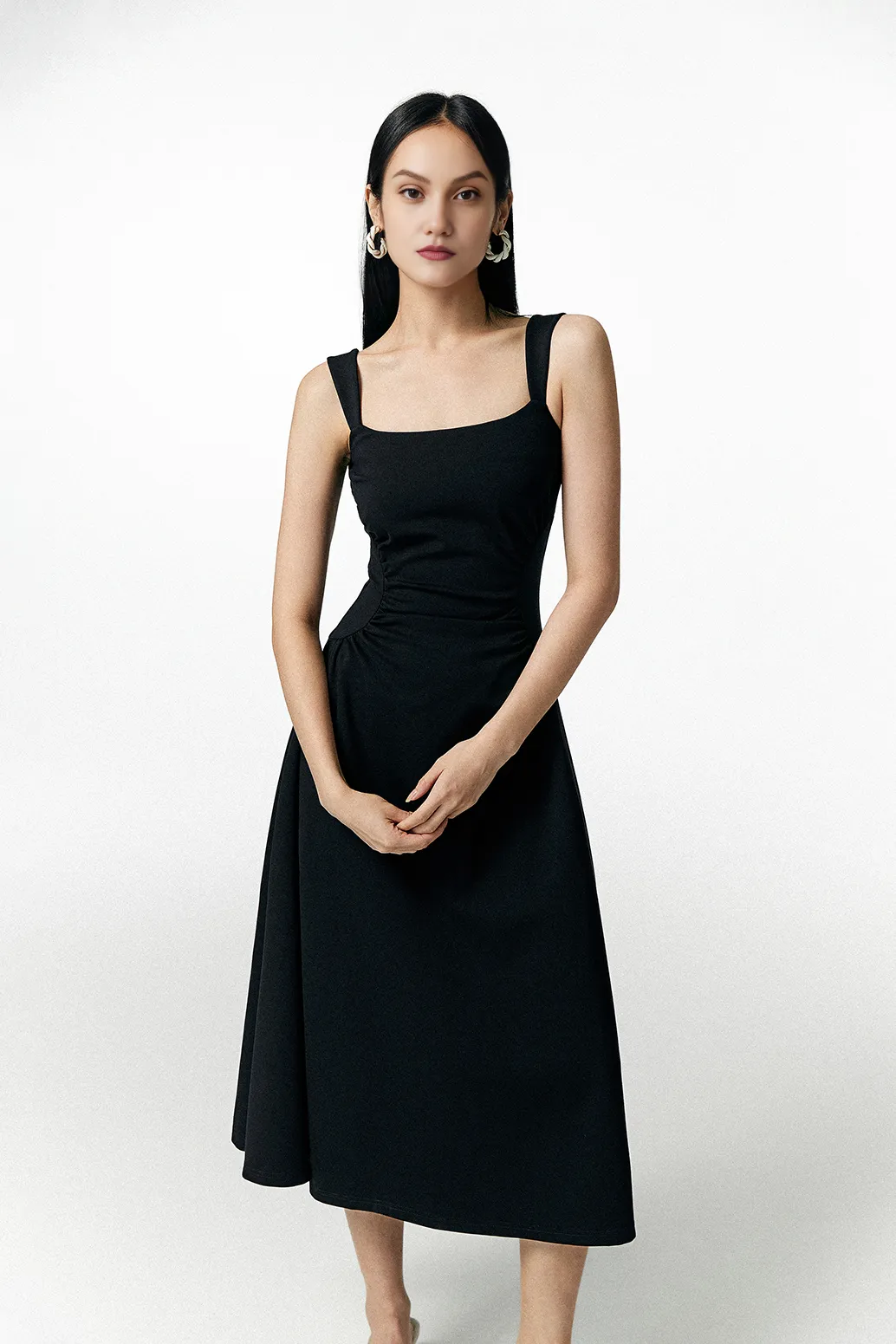 Square Neck Midi Dress with Pleated Waist