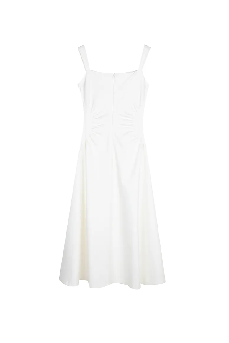 Square Neck Midi Dress with Pleated Waist
