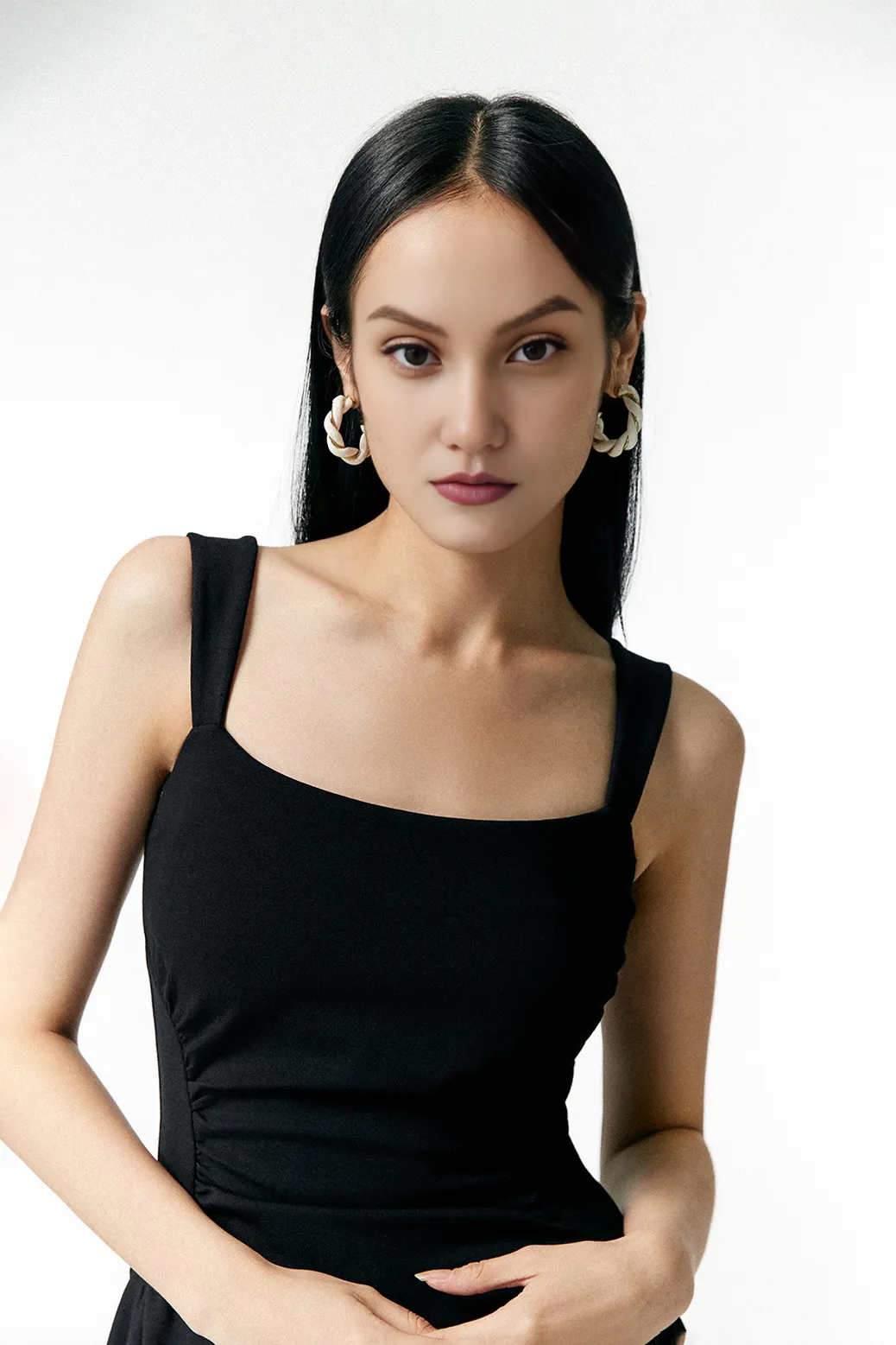 Square Neck Midi Dress with Pleated Waist