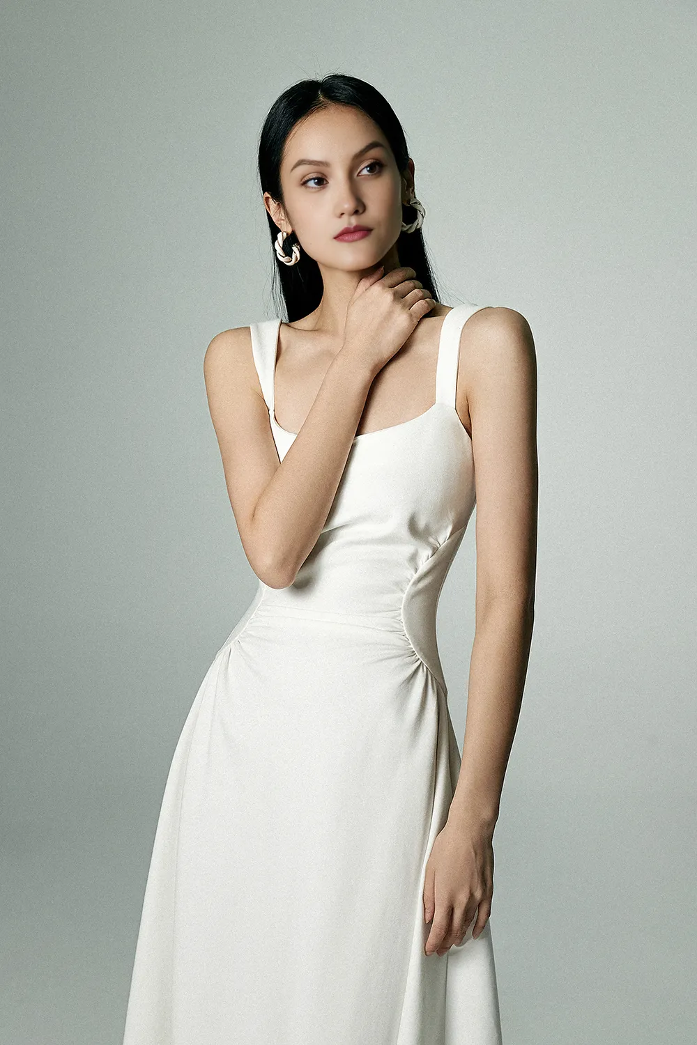 Square Neck Midi Dress with Pleated Waist