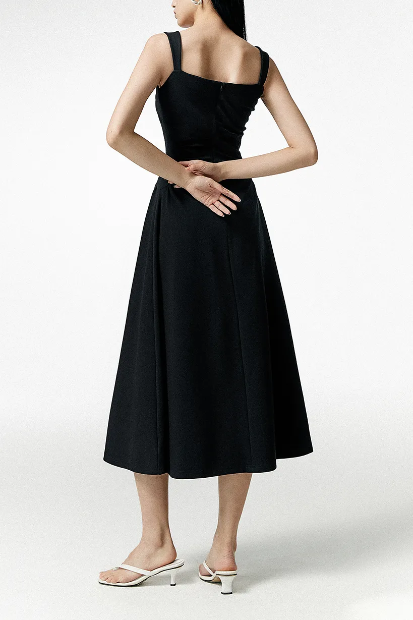 Square Neck Midi Dress with Pleated Waist