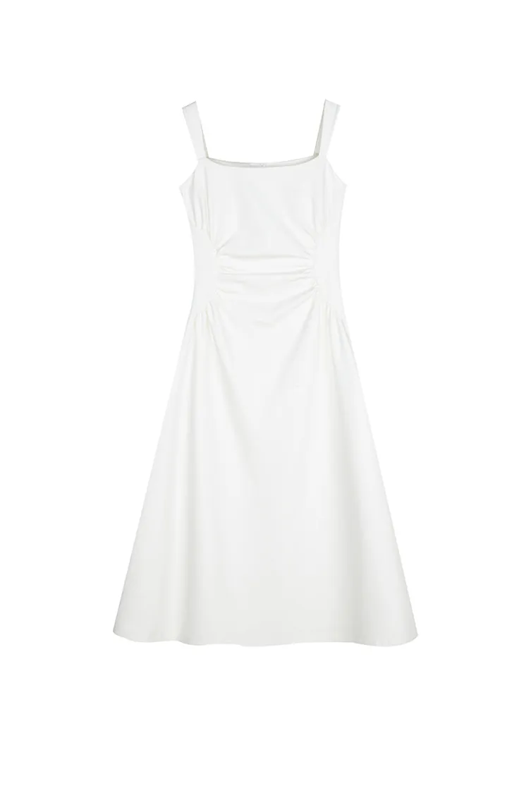 Square Neck Midi Dress with Pleated Waist