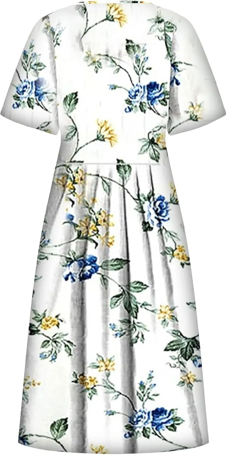 Summer Dresses for Women 2024 Womens Button Down Shirt Dress Short Puffy Sleeve Tiered Ruffle Flowy Long Maxi Dresses