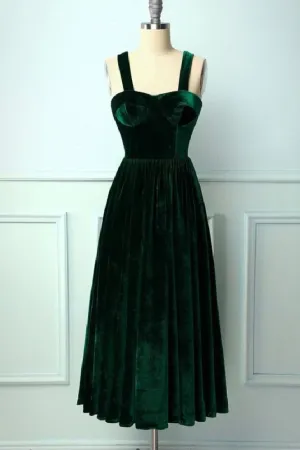 Vintage Emerald Green Velvet Tea Length Formal Dress Prom Dress