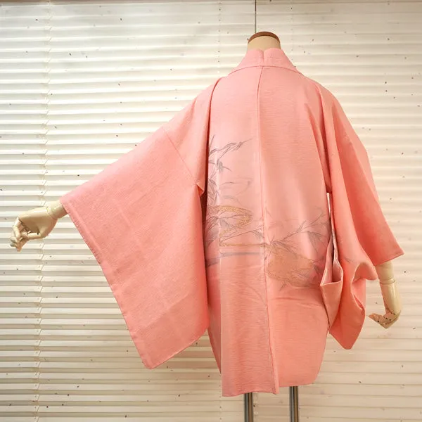 Vintage Haori Kimono Jacket Silk, Baby Pink base, Bamboo Leaves