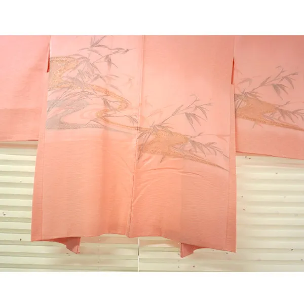 Vintage Haori Kimono Jacket Silk, Baby Pink base, Bamboo Leaves