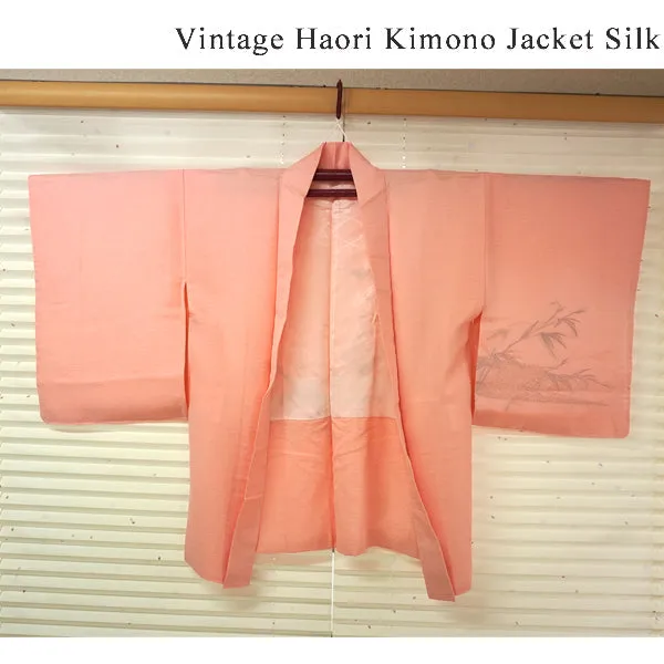 Vintage Haori Kimono Jacket Silk, Baby Pink base, Bamboo Leaves
