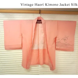 Vintage Haori Kimono Jacket Silk, Baby Pink base, Bamboo Leaves