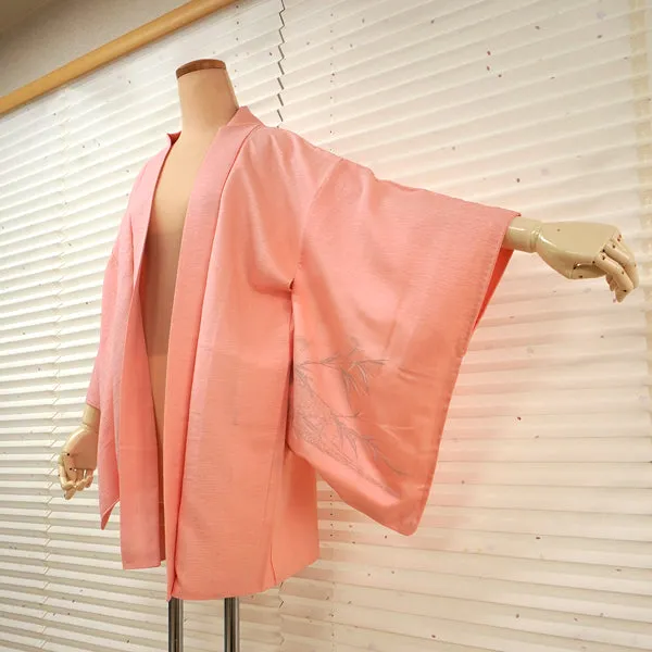 Vintage Haori Kimono Jacket Silk, Baby Pink base, Bamboo Leaves
