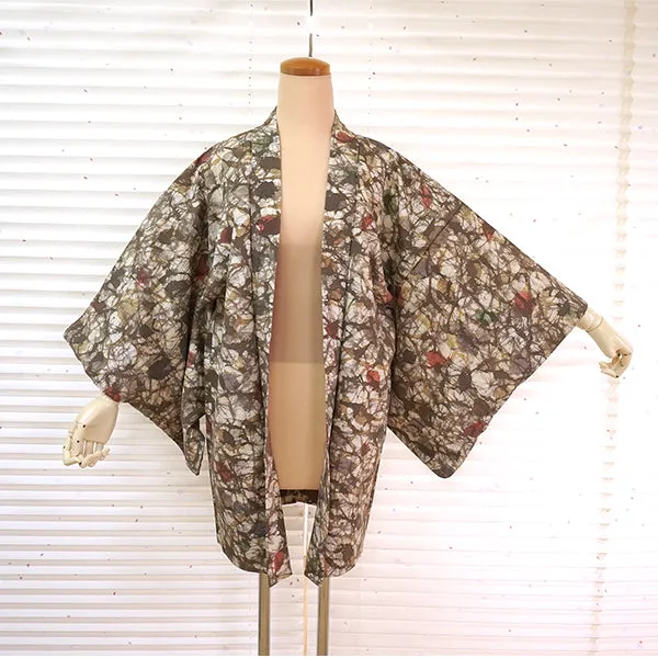 Vintage Haori Kimono Jacket Silk, ivory base, Geometric Patterns
