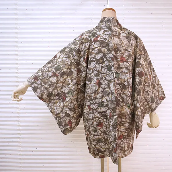 Vintage Haori Kimono Jacket Silk, ivory base, Geometric Patterns