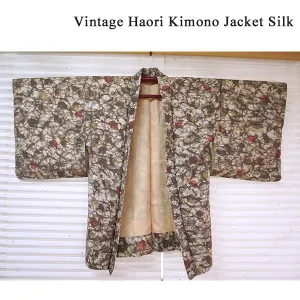 Vintage Haori Kimono Jacket Silk, ivory base, Geometric Patterns