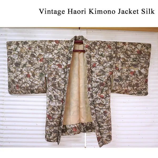 Vintage Haori Kimono Jacket Silk, ivory base, Geometric Patterns