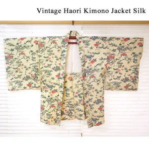 Vintage Haori Kimono Jacket Silk, Ivory base, Seasonal Flowers, Floral