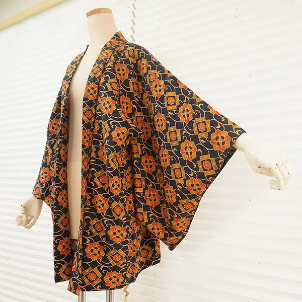 Vintage Haori Kimono Jacket Silk, Navy Blue  base, Chrysanthemum , Arabesque