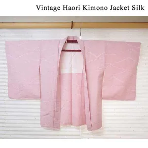Vintage Haori Kimono Jacket Silk, Pink base, Wave Pattern