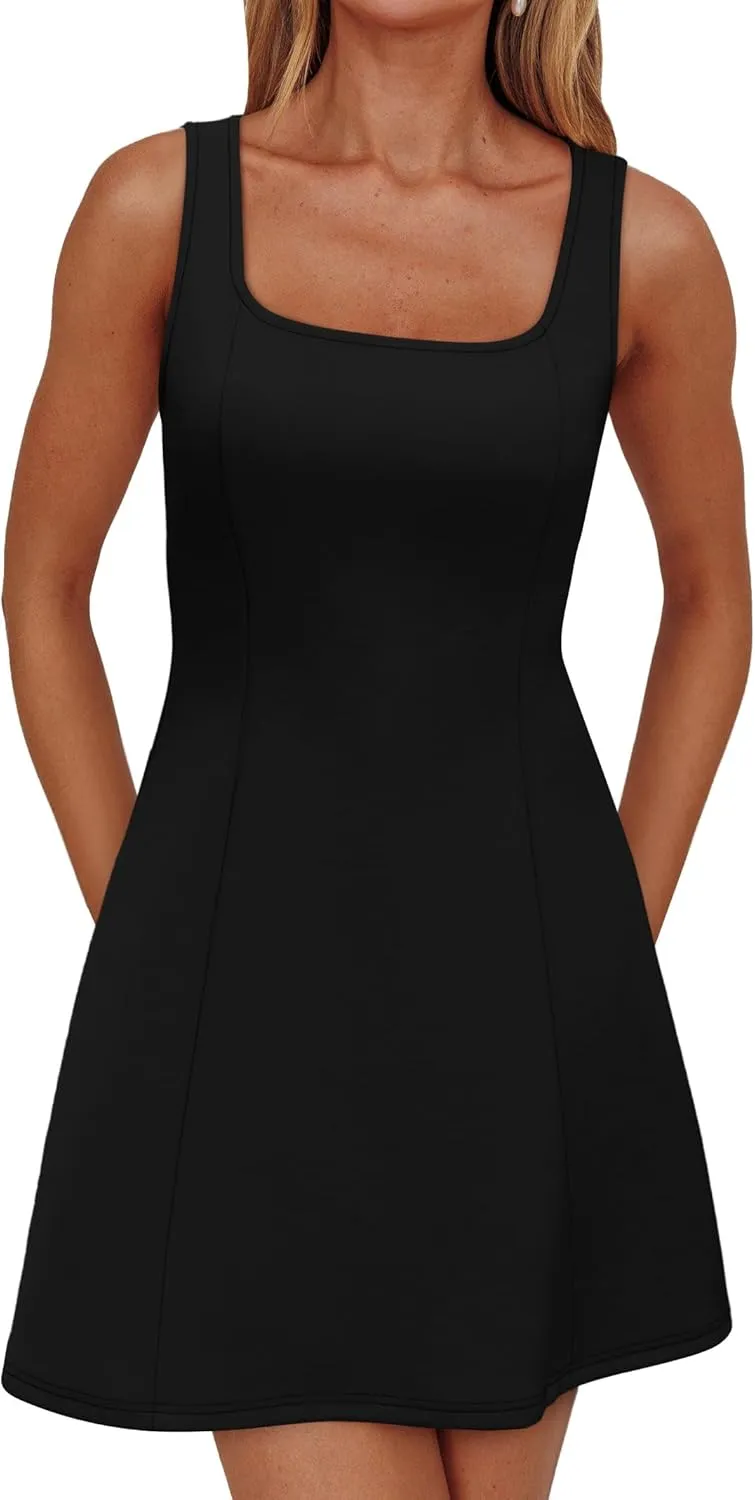 WIHOLL Women's Square Neck A-Line Sleeveless Mini Dress Summer Club Party Little Short Dresses