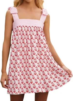 Women Floral Tie Shoulder Mini Dress Cute Square Neck Loose Fit Beach Short Dress Backless Boho Vocation Sundress