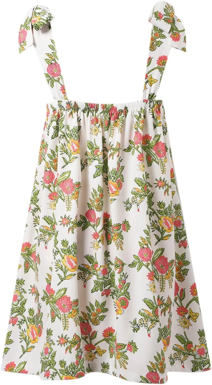 Women Floral Tie Shoulder Mini Dress Cute Square Neck Y2K Bow Babydoll Ruffle Short Dress Summer Boho Flowy Sundress