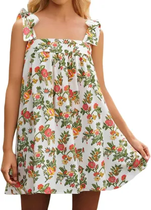 Women Floral Tie Shoulder Mini Dress Cute Square Neck Y2K Bow Babydoll Ruffle Short Dress Summer Boho Flowy Sundress