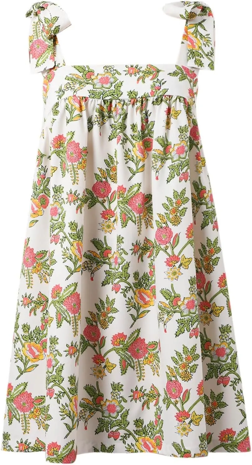 Women Floral Tie Shoulder Mini Dress Cute Square Neck Y2K Bow Babydoll Ruffle Short Dress Summer Boho Flowy Sundress